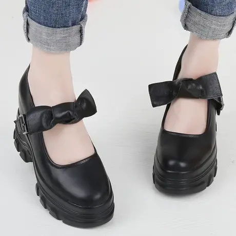 断码鞋低10CM内增高女鞋牛皮玛丽珍单鞋学院风休闲厚底高跟小皮鞋图片