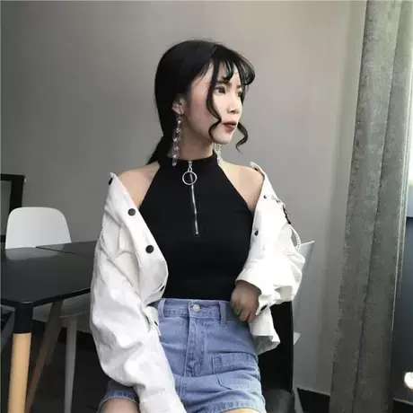 夏季新款韩版露肩外穿露脐吊带无袖挂脖打底上衣背心学生高腰女装图片
