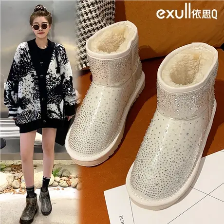 依思q户外水钻雪地靴女2023新款时尚防水防滑加绒短筒加厚保暖鞋图片
