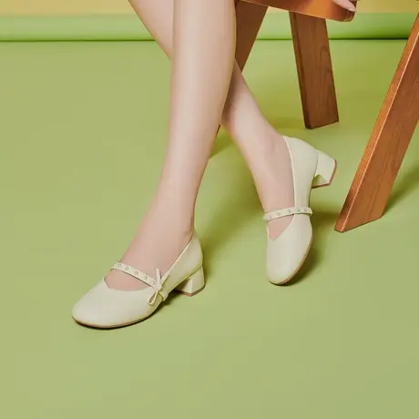 戈美其玛丽珍女鞋单鞋女夏季2023秋季新款百搭圆头粗跟低跟小皮鞋商品大图