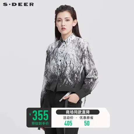 sdeer圣迪奥女装夏装上衣文艺国风水墨晕染抽绳长袖衬衫S22280504商品大图