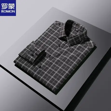 罗蒙格子抗皱长袖衬衫男2023春秋新款商务休闲免烫修身男士衬衣潮商品大图