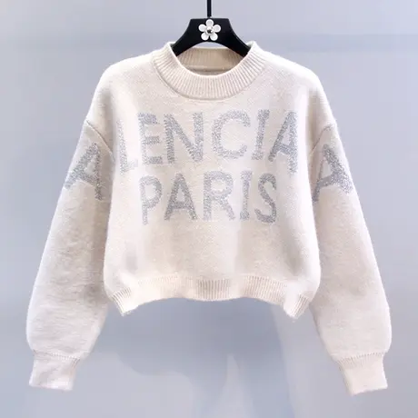 慵懒风字母长袖毛衣女秋冬2023新款宽松显瘦洋气减龄短款针织上衣图片