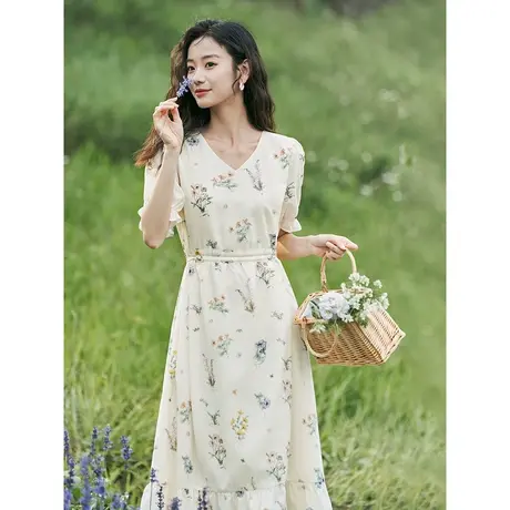 茵曼法式文艺碎花设计感收腰连衣裙2023夏女装新款V领泡泡袖长裙商品大图