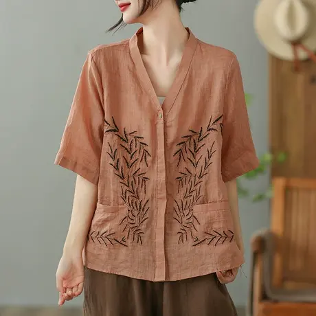 dza复古刺绣V领苎麻衬衫女2023夏季薄款外搭衬衣宽松棉麻开衫上衣图片
