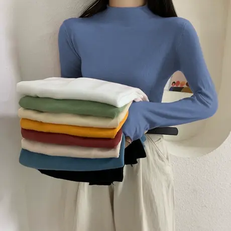 2023新款春秋冬季新款内搭半高领打底衫白色洋气长袖t恤女上衣服商品大图