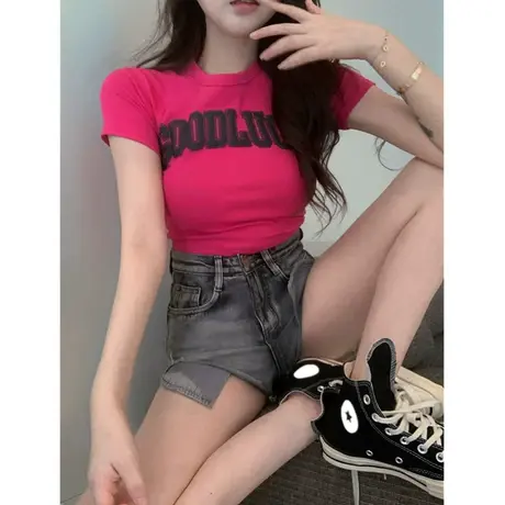 火龙果色短款短袖正肩t恤女夏季2023新款多巴胺穿搭半袖体恤上衣商品大图