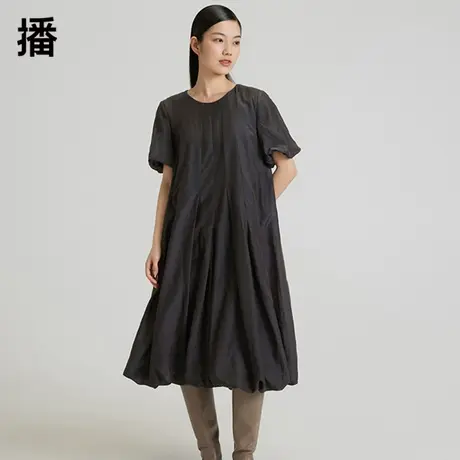 播圆领宽松蓬蓬连衣裙女2023夏季新款高腰A字裙短袖黑色中长裙图片