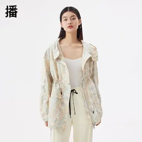 播2023秋季新款休闲拉链门襟腰部抽绳宽松连帽短外套女DDQ2WD5424商品大图