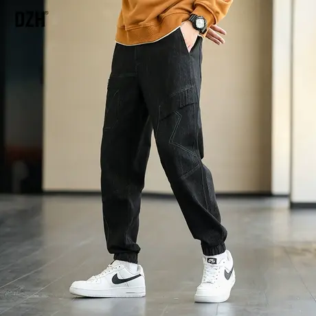 男士束脚牛仔裤男潮牌宽松美式黑色裤子2023新款工装休闲长裤百搭商品大图