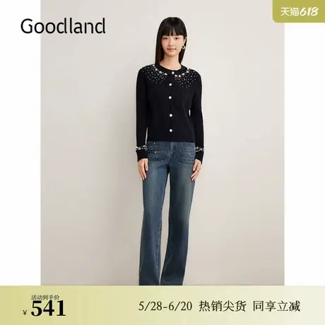 Goodland美地2024冬季新款羊毛法式钉珠绞花肌理毛针织衫图片