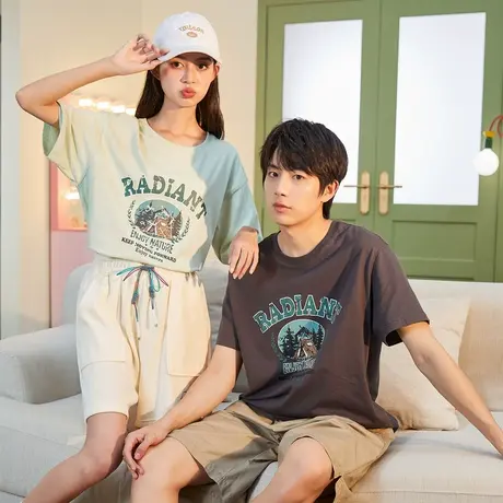唐狮夏季纯棉情侣装短袖t恤男宽松圆领半袖女打底衫夏装短袖T恤商品大图