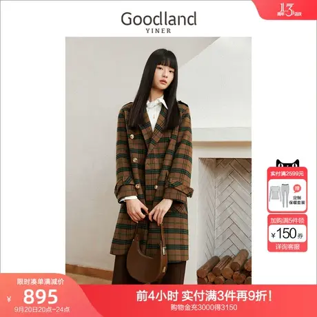 音儿美地女装2022冬季新款双排扣通勤格子纯羊毛双面呢大衣商品大图