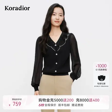 珂莱蒂尔2025年春季新款拼接V领针织衫女长袖时尚钉珠装饰上衣图片