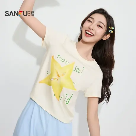 三福女夏季水果图案短袖单衣 甜美清新修身家居服上衣女503714商品大图
