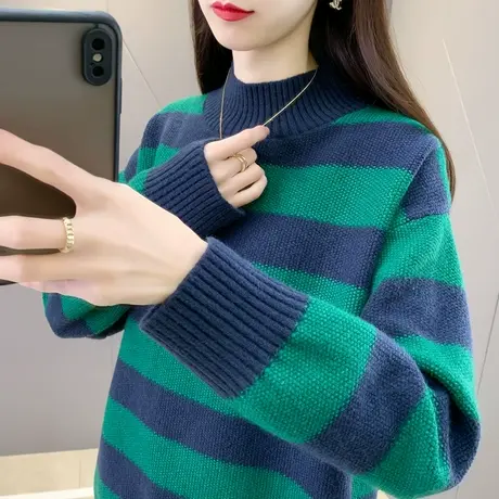 半高领毛衣女2023秋冬新款韩版条纹针织衫宽松减龄打底衫加厚套头商品大图
