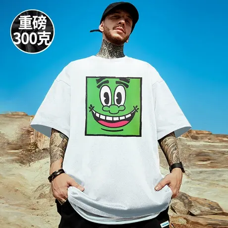 300g重磅潮牌宽松胖子T恤白色短袖五分袖纯棉情侣加肥加大码男装商品大图