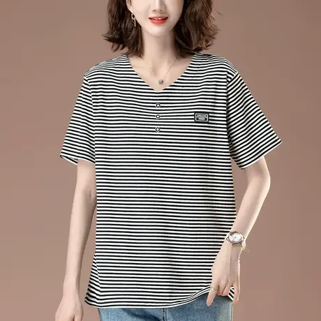 条纹短袖T恤女夏季纯棉加大码女装宽松中年妈妈v领遮肚子显瘦体恤商品大图