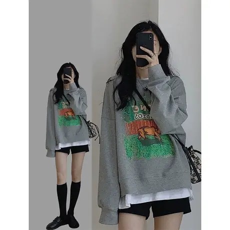 oversize圆领情侣卫衣秋冬少女外套宽松加绒加厚胖mm小众设计感潮商品大图