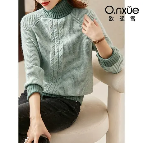 欧昵雪2023冬季新款气质罗纹高领加厚保暖麻花毛衣女插肩袖软糯风图片