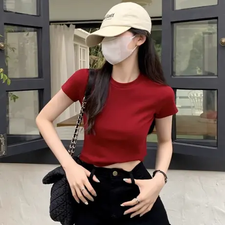 酒红色辣妹正肩t恤女修身短上衣夏季美式百搭ins卡腰短袖打底小衫商品大图
