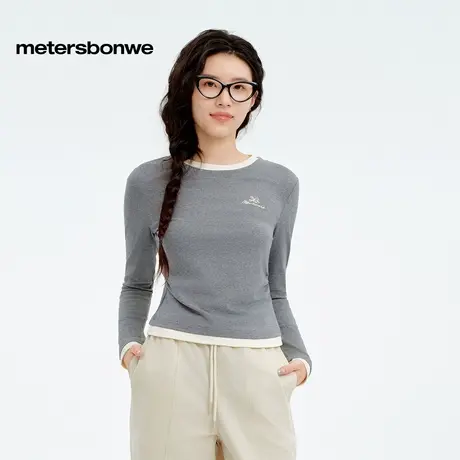 美特斯邦威T恤女25秋季新款紧身假两件针织长袖恤内搭打底衫上衣商品大图
