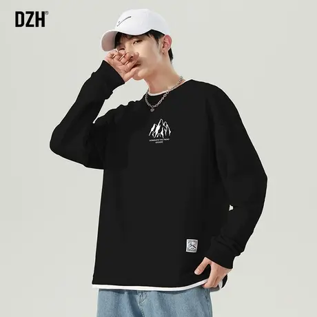 男士秋季黑色打底衫男潮ins长袖t恤圆领卫衣假两件上衣2023年新款图片