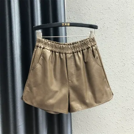 2023秋季新款咖啡色松紧腰宽松百搭皮短裤女欧货高腰显瘦阔腿靴裤商品大图