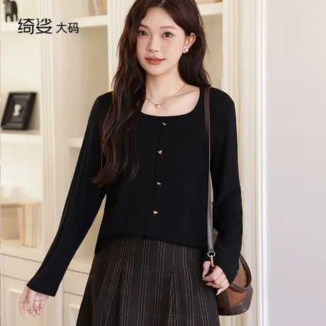 绮娑显瘦大码胖MM上衣女秋冬装新款套头方领长袖抗条黑针织衫商品大图