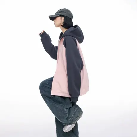 美式复古撞色拉链开衫连帽卫衣女秋季新款宽松学院风情侣帽衫上衣商品大图