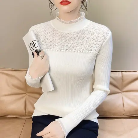 毛衣女款2023新款性感甜美打底衫半高领修身蕾丝内搭针织上衣百搭商品大图