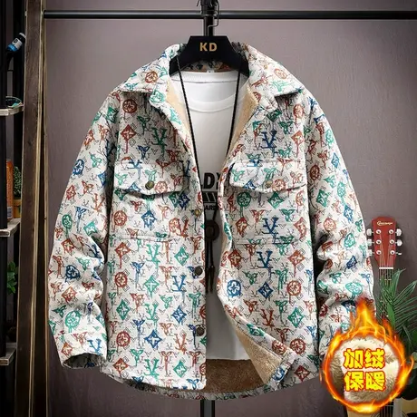 潮牌加绒衬衫男士秋冬季高级感提花加厚衬衣服痞帅民族风夹克外套商品大图