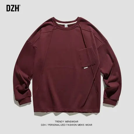 男士酒红色圆领卫衣男春秋款2023新款设计感上衣纯棉长袖t恤男款图片