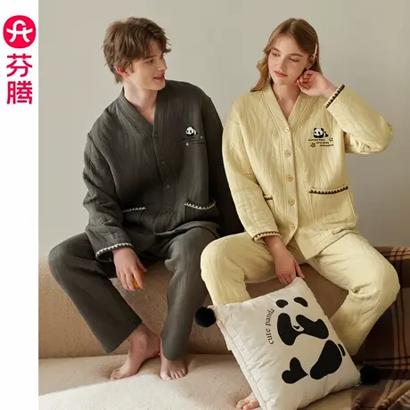 芬腾情侣睡衣秋冬季纯棉空气棉夹层男女士长袖保暖家居服冬天套装商品大图