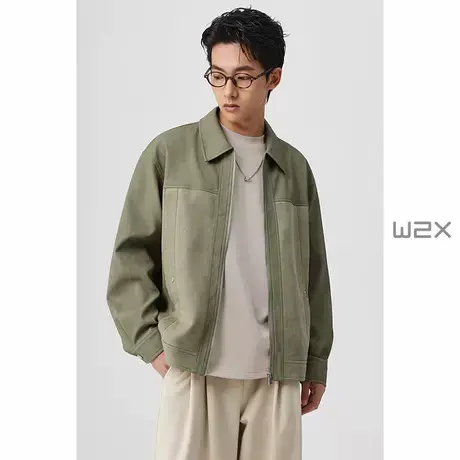 w2x2025春季新款翻领麂皮绒拼接条纹PU皮夹克男美式轻奢休闲外套商品大图