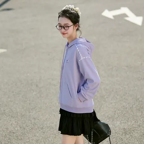 唐狮秋季新款针织外套女印花连帽灰色韩系慵懒风休闲开衫外套tu商品大图