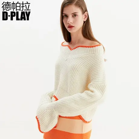 DPLAY德帕拉春新品欧美一字领喇叭袖短款宽松毛衣套头针织衫商品大图