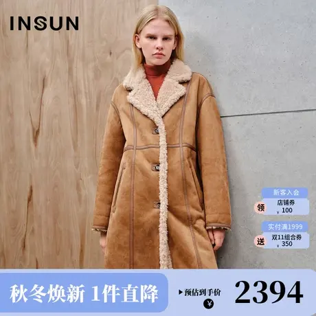 恩裳2023冬款新款皮条压线装饰可翻折袖口保暖颗粒羊毛大衣女外套商品大图