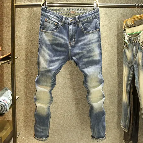 秋冬潮牌复古牛仔裤男修身小脚弹力长裤高端抓底印花美式秋季长裤商品大图