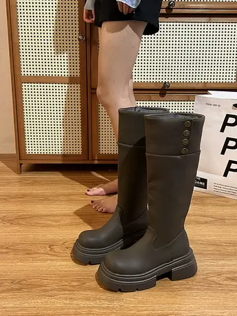 粗跟靴子女长筒靴2023新款秋冬小个子厚底美式复古长靴高筒骑士靴图片