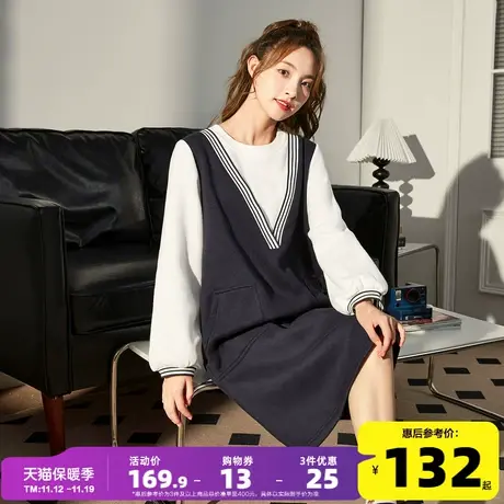 唐狮圆领拼接假两件宽松卫衣裙长袖针织连衣裙女秋新款2022秋装ks商品大图