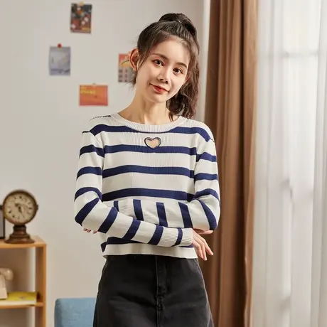 唐狮圆领条纹打底衫女春秋新款短款韩系长袖毛针织衫别致内搭上衣图片