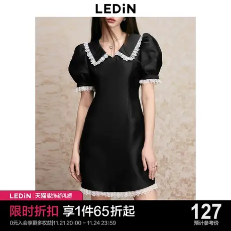 乐町修身翻领连衣裙2023年夏季新款收腰黑色短袖裙缎面质感连衣裙商品大图