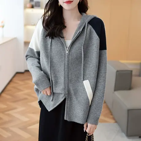 23098新款韩版宽松女开衫撞色毛衣外套常规连帽针织衫百搭上衣商品大图