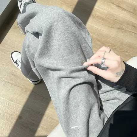 浅灰色阔腿裤女运动裤春秋直筒宽松束脚裤子高腰垂感休闲加绒卫裤商品大图