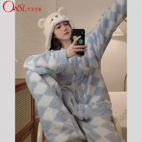 小香风半边绒睡衣秋冬季加绒少女款小熊菱格珊瑚绒家居服商品大图