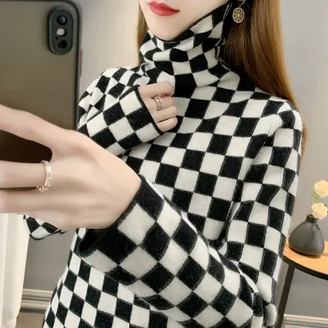 2023初春新款韩版宽松高领黑白格子长袖针织衫女士百搭毛衣上衣潮图片