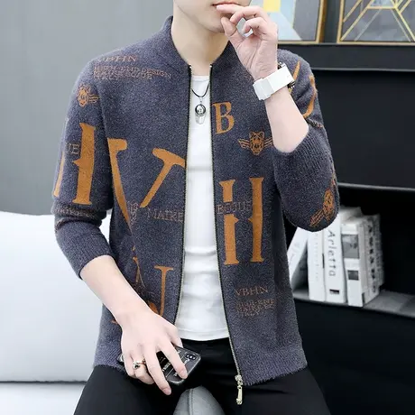 外套男士秋冬季仿水貂绒夹克韩版休闲帅气针织棒球服潮流开衫毛衣商品大图