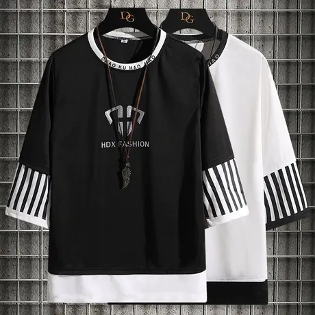 假两件短袖男士拼接潮流宽松t恤男七分袖夏季冰丝半袖青少年衣服商品大图