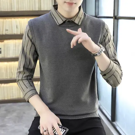 长袖条纹衬衫领假两件加绒加厚秋冬季韩版潮流毛衣衬衣男2023新款商品大图